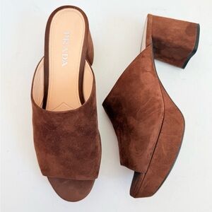Prada Brown Suede Leather platform mid Heel mules sandals EU 39.5